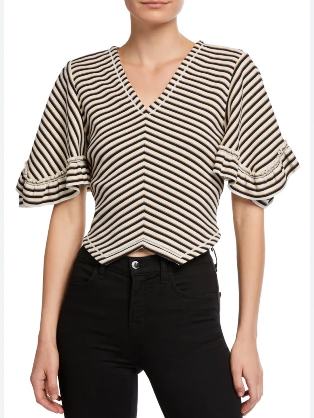 See by Chloe Striped V-Neck Ruffle Sleeve Top in Black and Cream Size XL